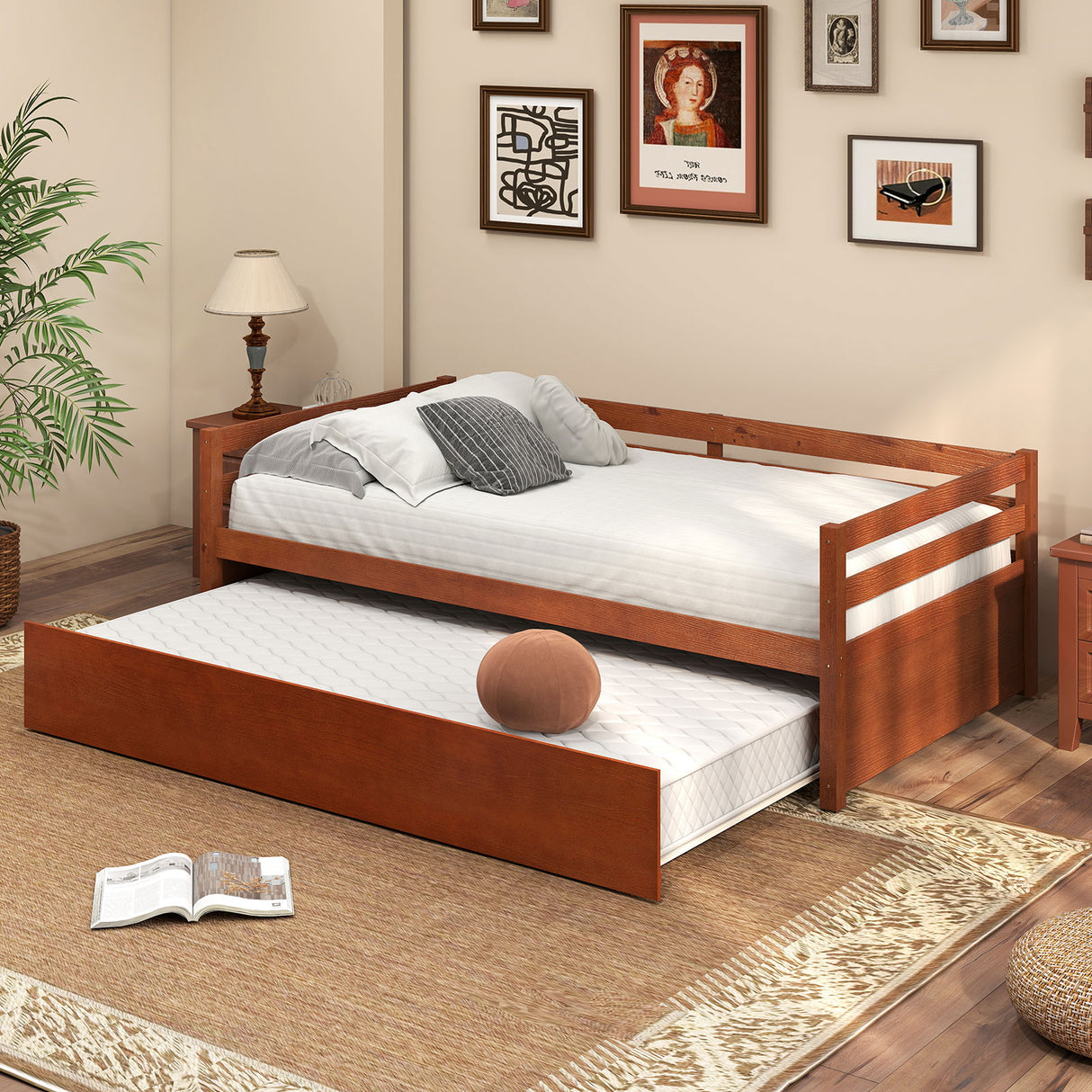 Twin Size Wooden Slat Trundle Platform