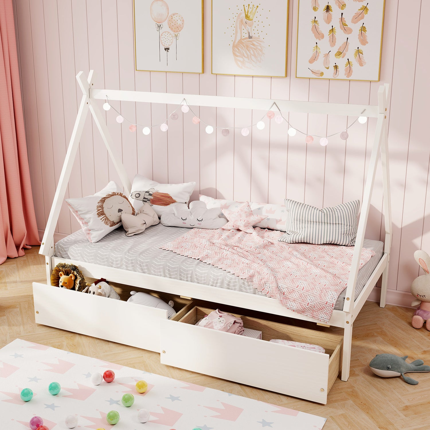 Twin Size Wooden Tent Platform House Bed with 2 Drawers