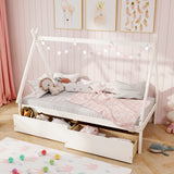 Twin Size Wooden Tent Platform House Bed with 2 Drawers