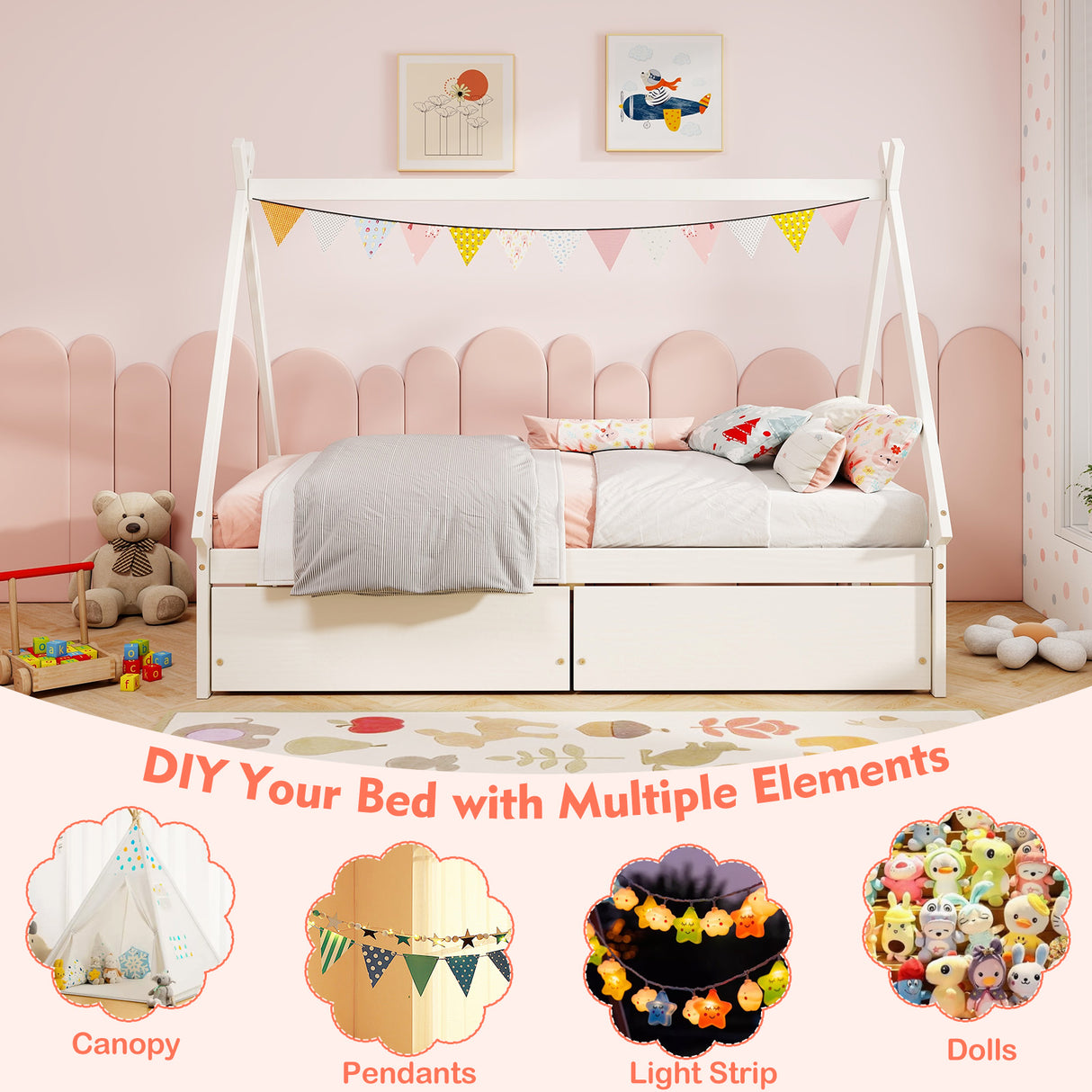Twin Size Wooden Tent Platform House Bed with 2 Drawers