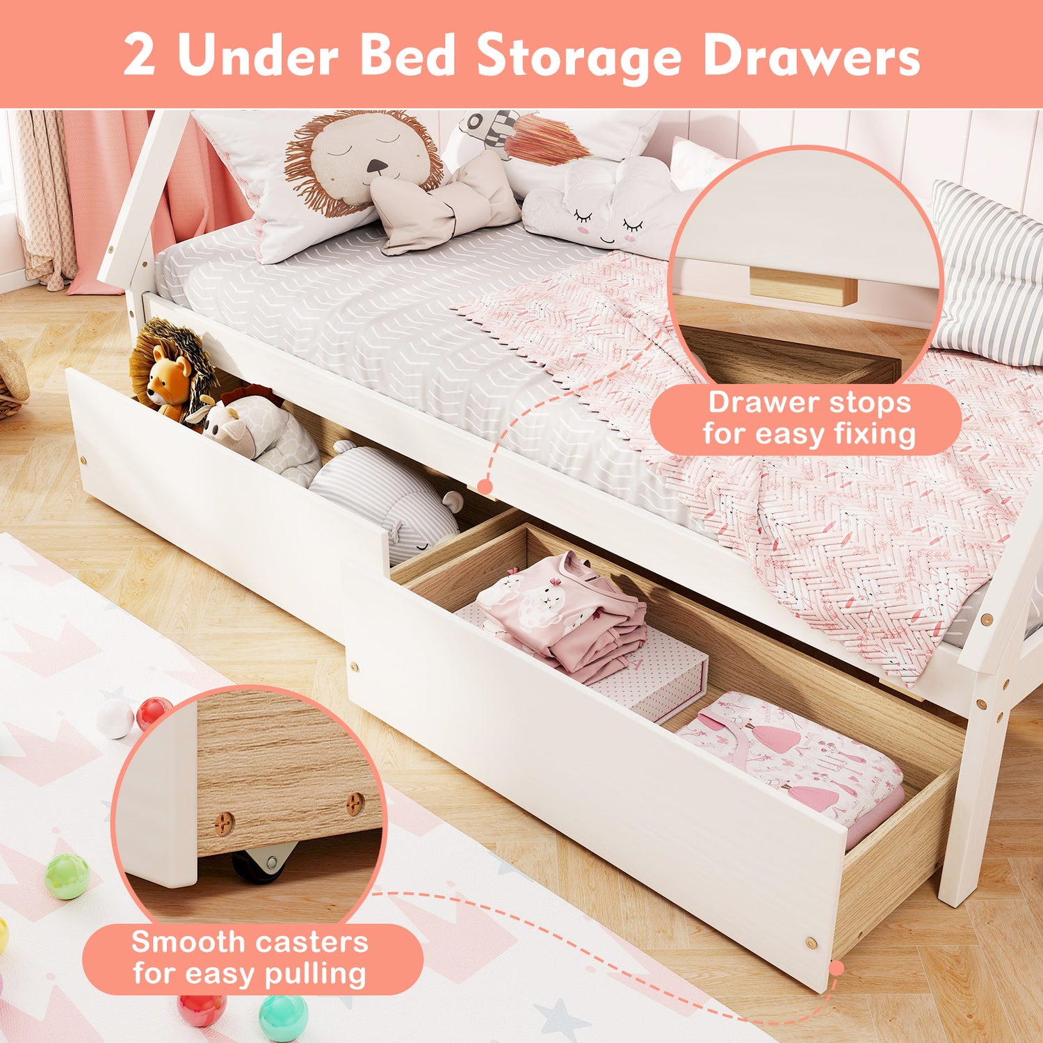 Twin Size Wooden Tent Platform House Bed with 2 Drawers