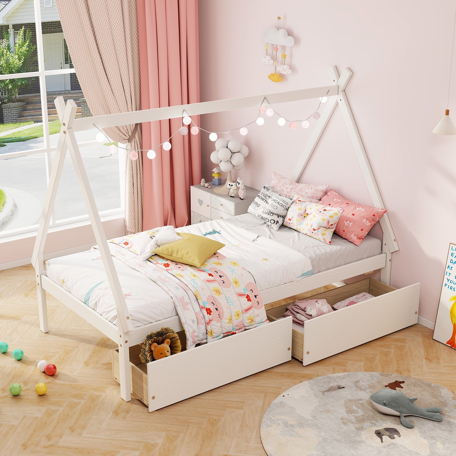 Twin Size Wooden Tent Platform House Bed with 2 Drawers
