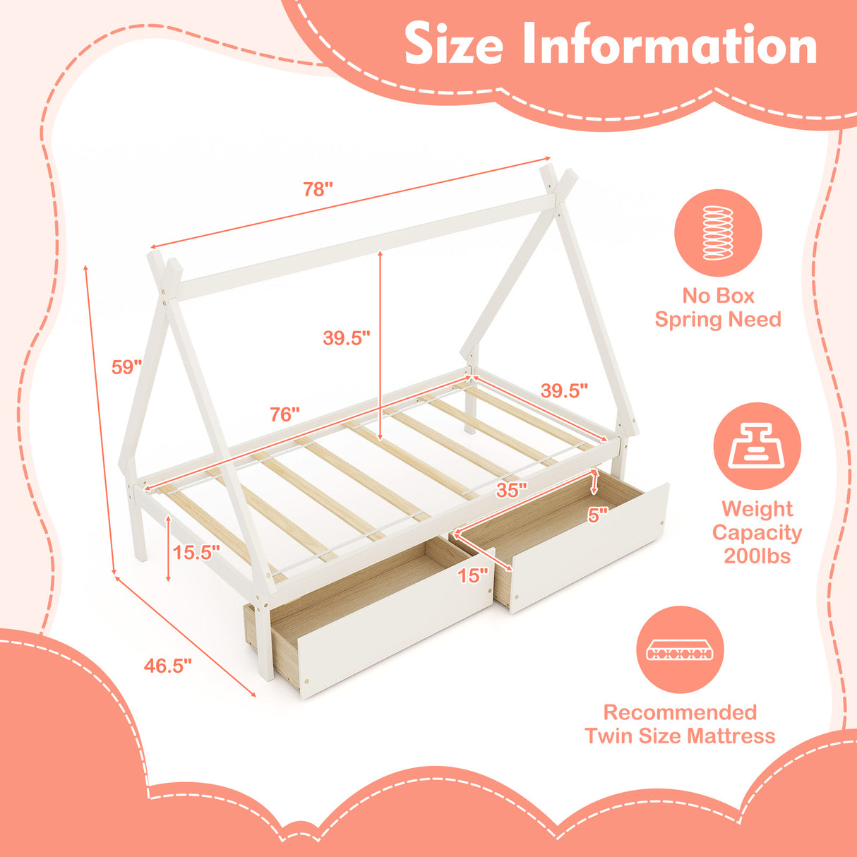 Twin Size Wooden Tent Platform House Bed with 2 Drawers
