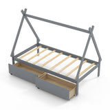 Twin Size Wooden Tent Platform House Bed with 2 Drawers