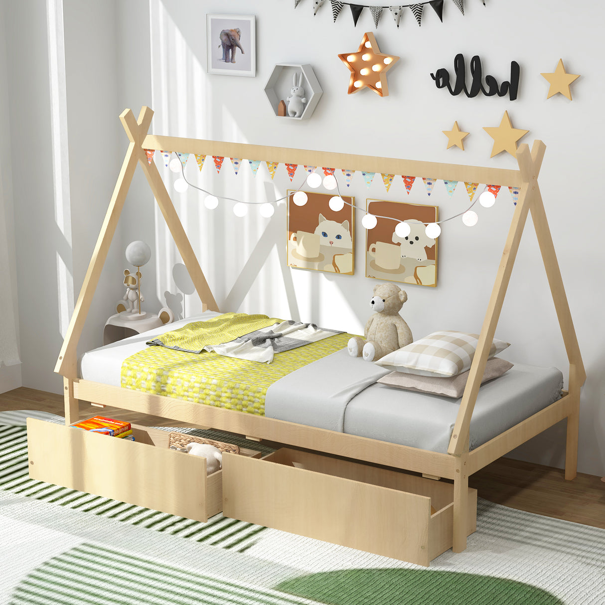 Twin Size Wooden Tent Platform House Bed with 2 Drawers