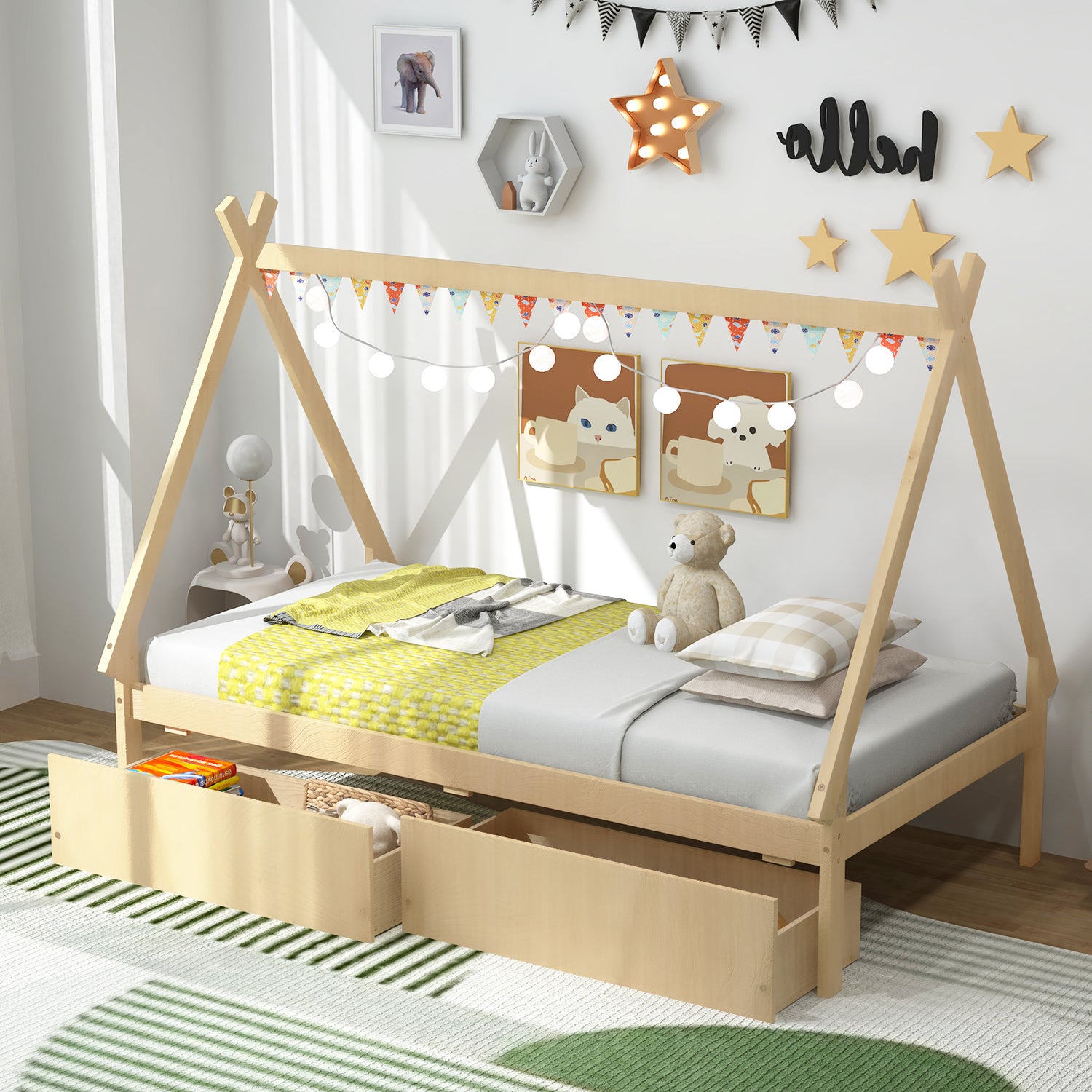 Twin Size Wooden Tent Platform House Bed with 2 Drawers
