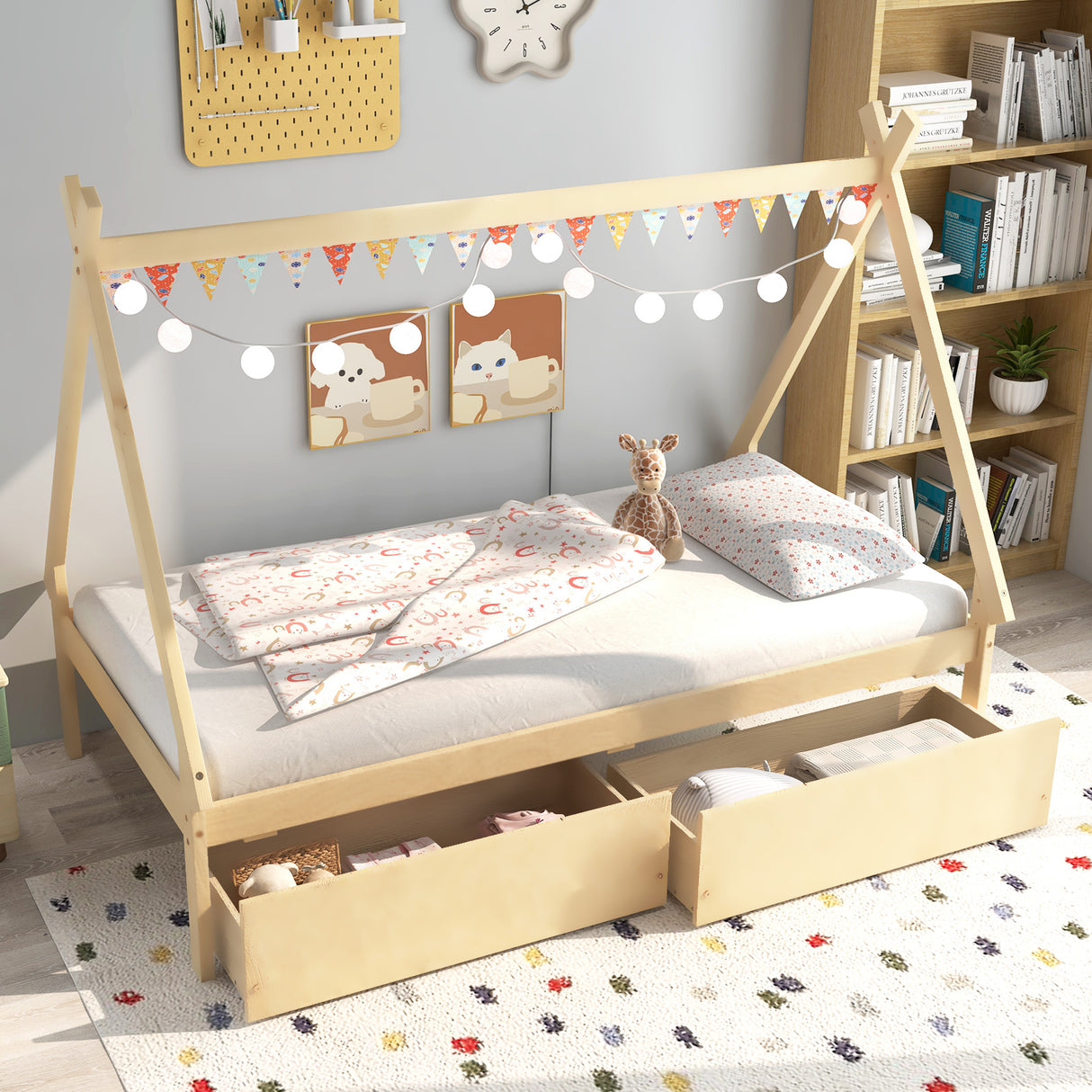 Twin Size Wooden Tent Platform House Bed with 2 Drawers