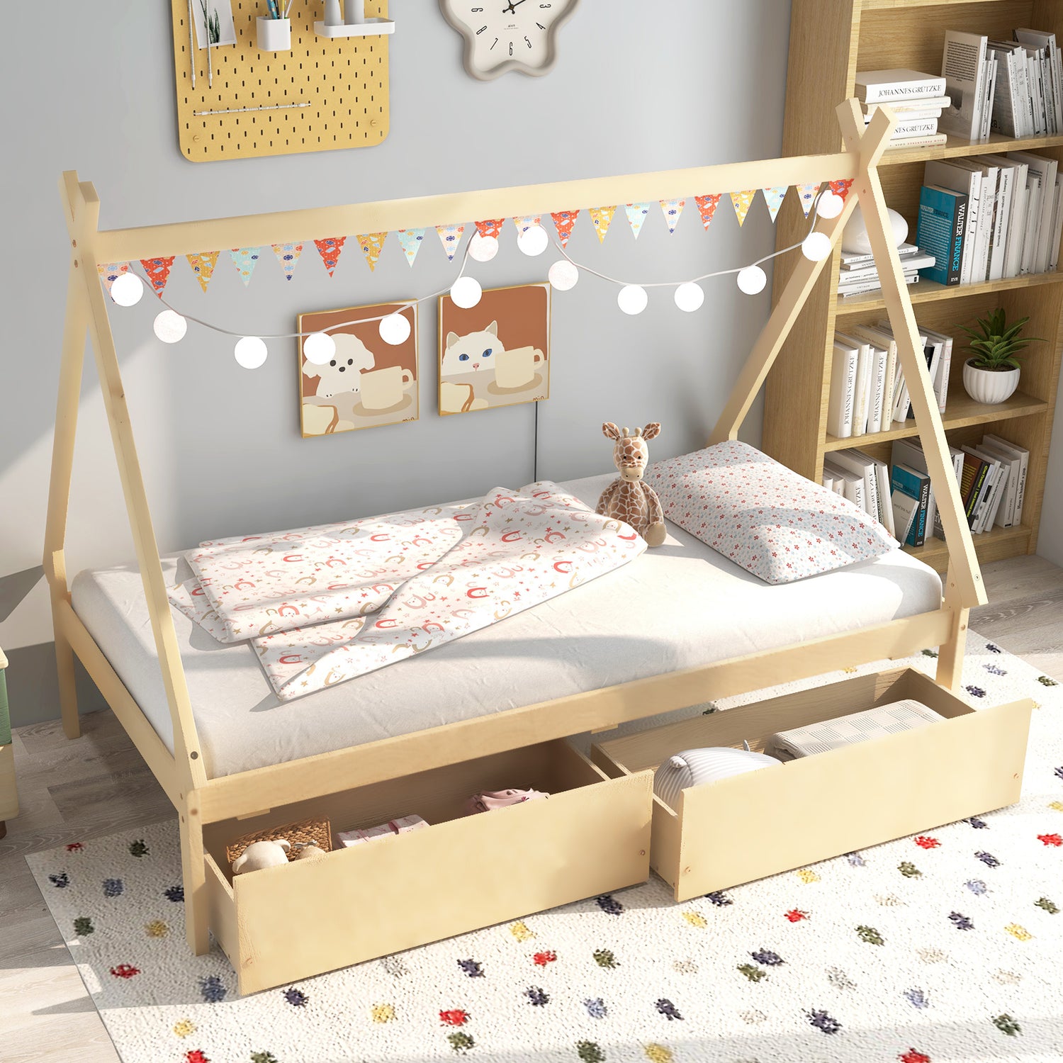 Twin Size Wooden Tent Platform House Bed with 2 Drawers