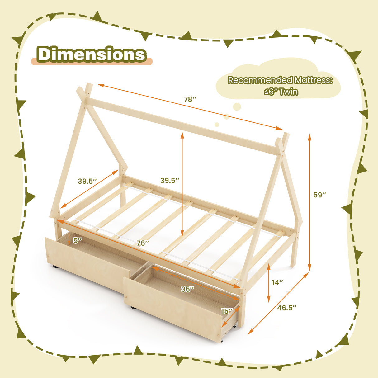 Twin Size Wooden Tent Platform House Bed with 2 Drawers