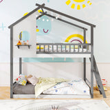 Twin over Twin House Bunk Bed with Roof and Guardrails for Kids-White & Gray
