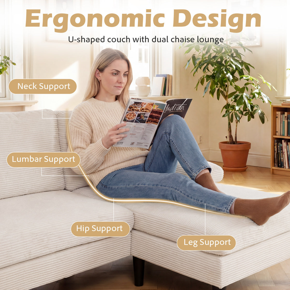 U-shaped Sectional Couch with Double Chaise for Living Room