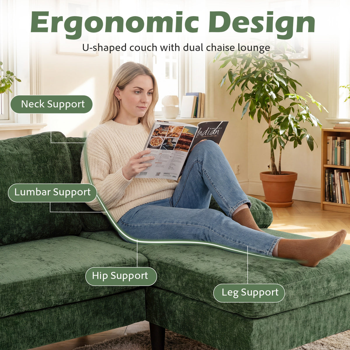 U-shaped Sectional Couch with Double Chaise for Living Room