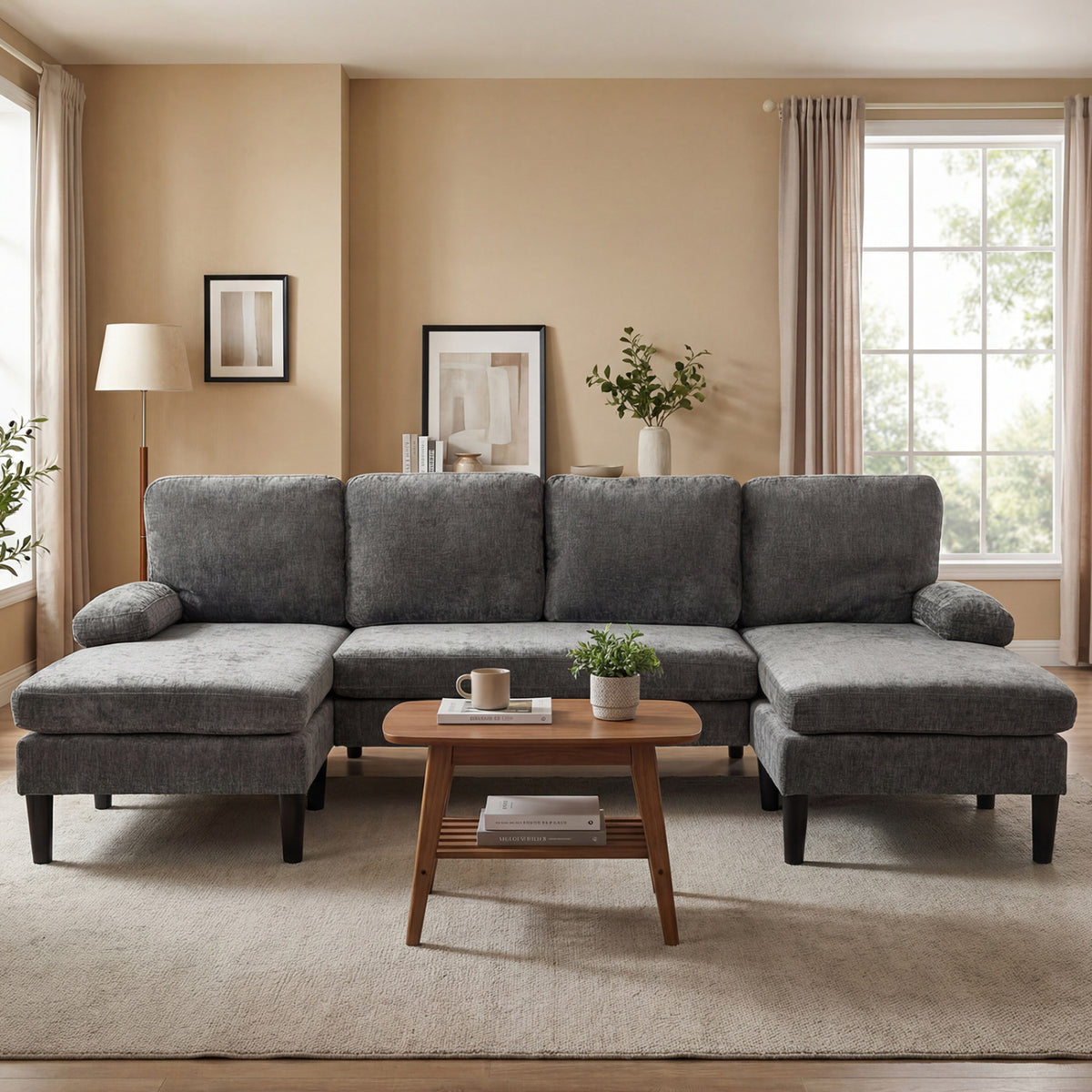 U-shaped Sectional Couch with Double Chaise for Living Room