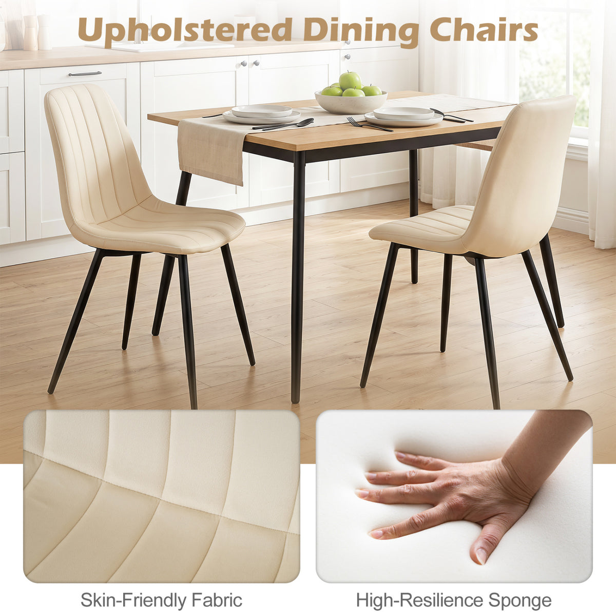 Upholstered Fabric Dining Chairs Set of 4 with Sturdy Metal Legs and Curved Backrest