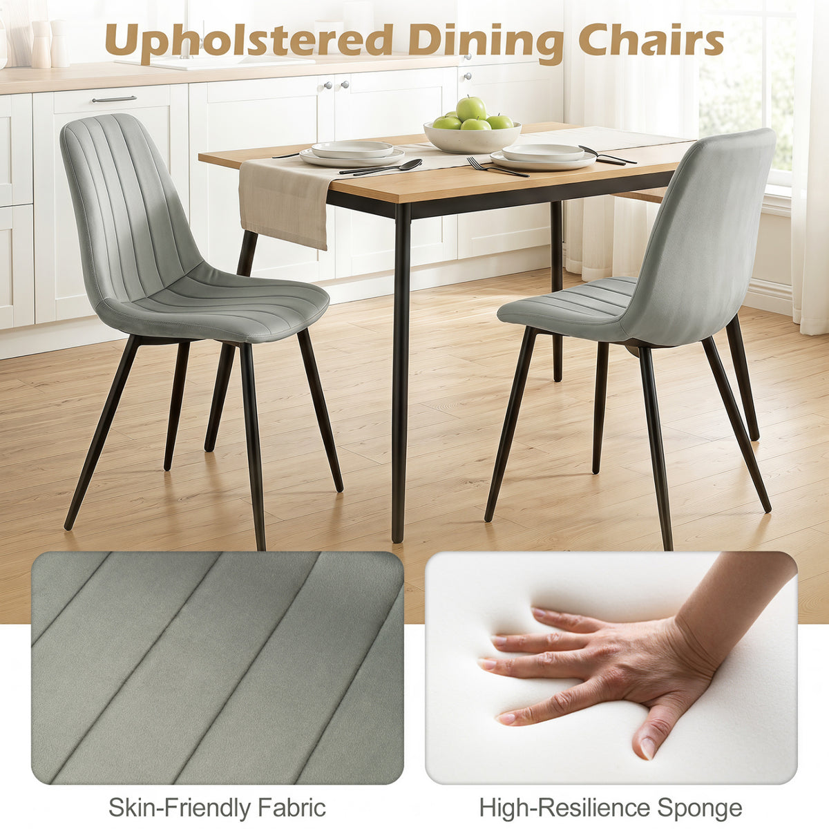 Upholstered Fabric Dining Chairs Set of 4 with Sturdy Metal Legs and Curved Backrest