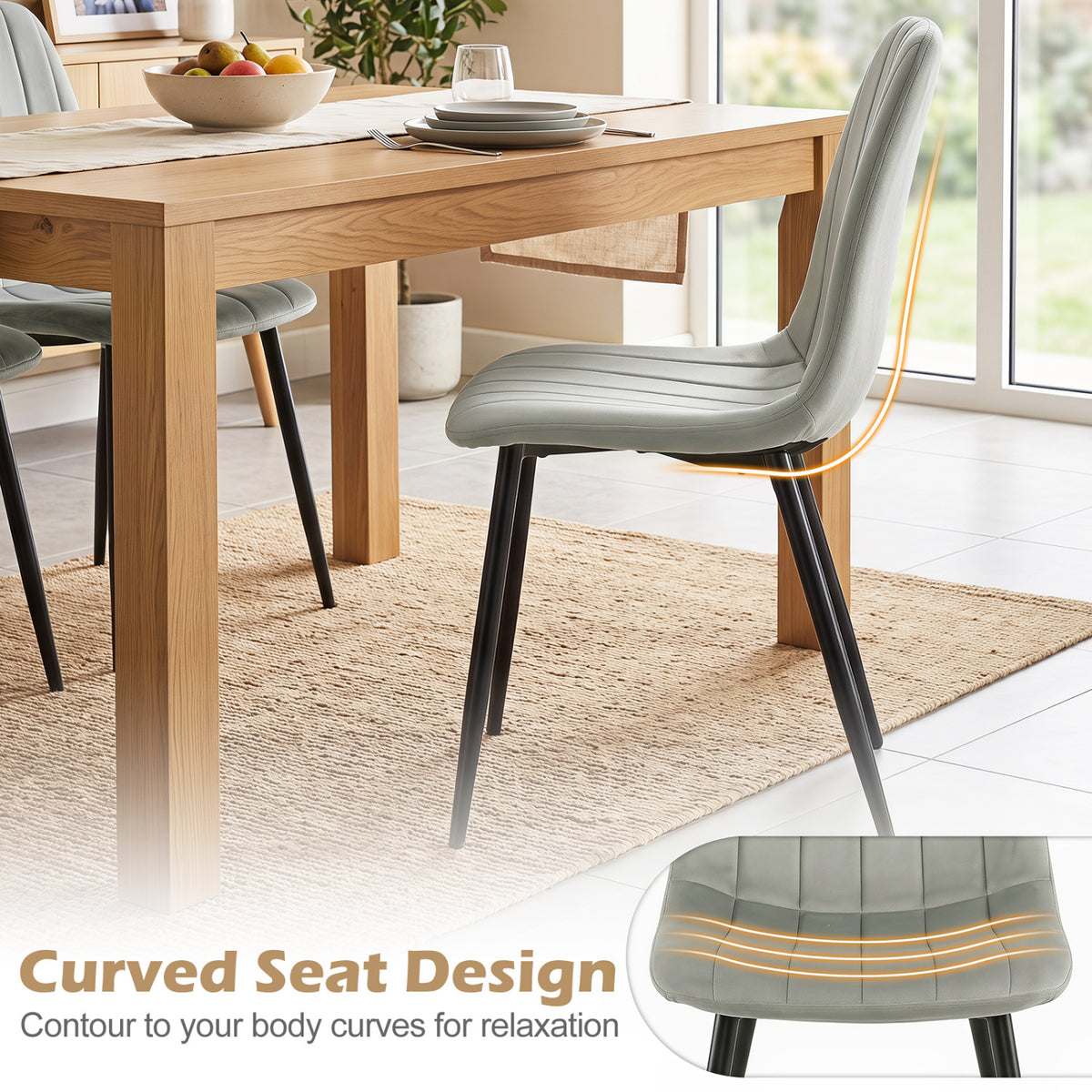 Upholstered Fabric Dining Chairs Set of 4 with Sturdy Metal Legs and Curved Backrest