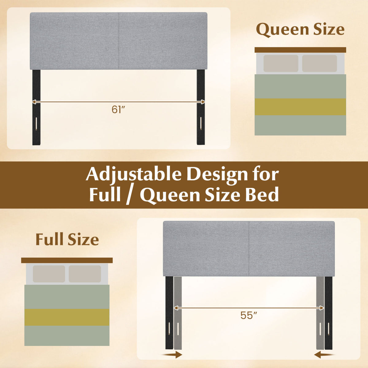 Upholstered Headboard Queen/Full Size Vertical Quilted Linen Fabric Bed Frame Mount Panel