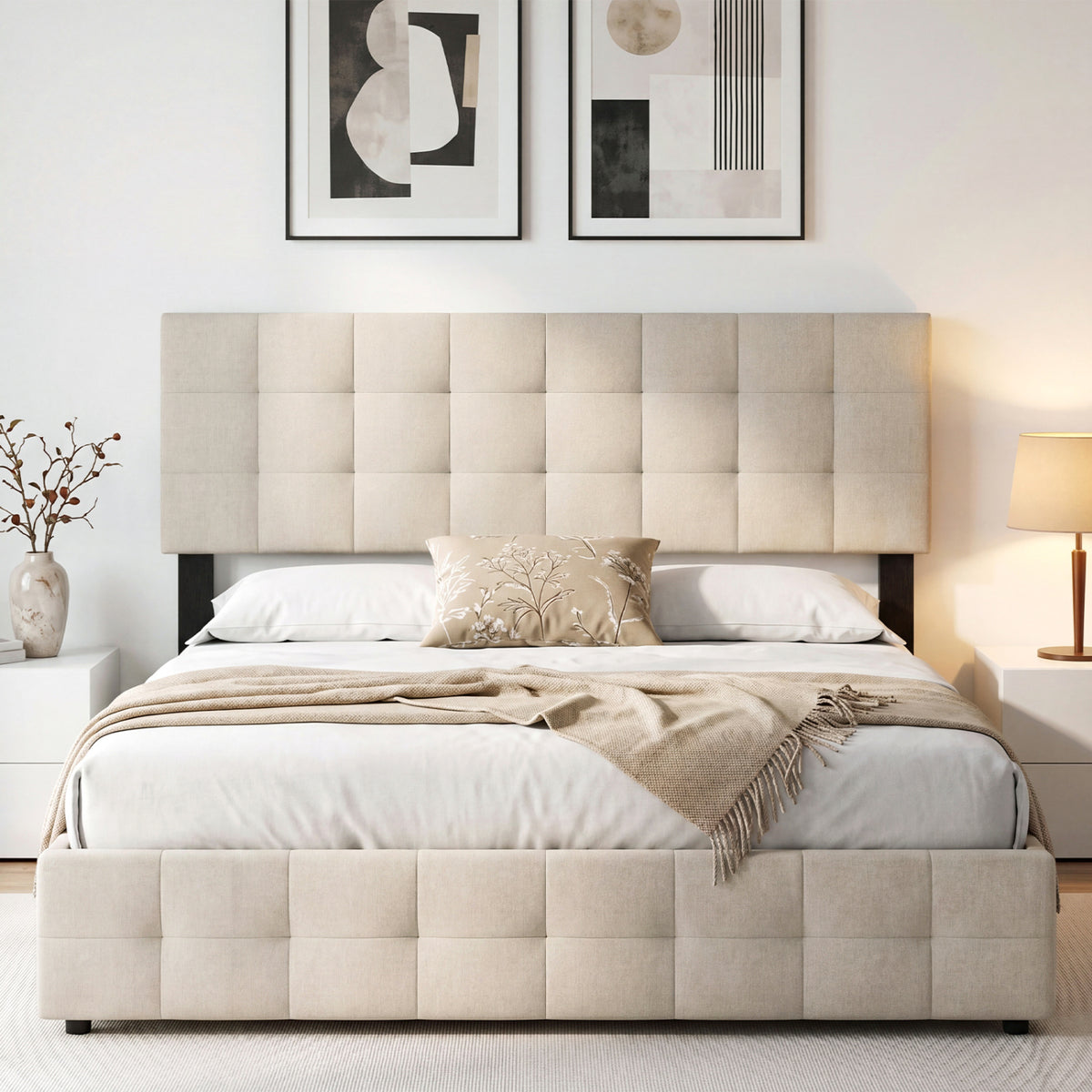 Upholstered Headboard Queen/Full Size Quilted Grid Linen Fabric Bed Frame Mount Panel