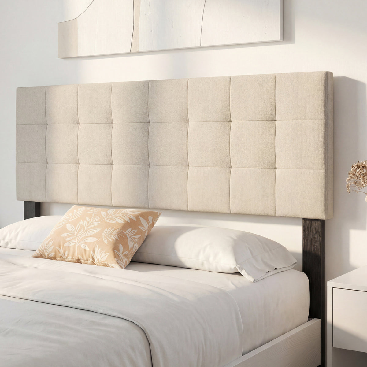 Upholstered Headboard Queen/Full Size Quilted Grid Linen Fabric Bed Frame Mount Panel