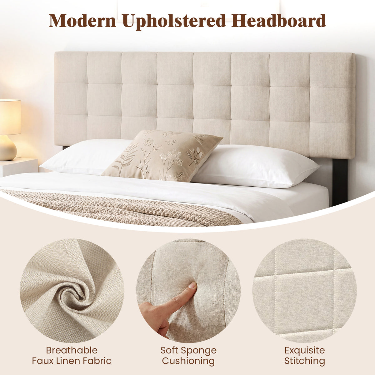 Upholstered Headboard Queen/Full Size Quilted Grid Linen Fabric Bed Frame Mount Panel