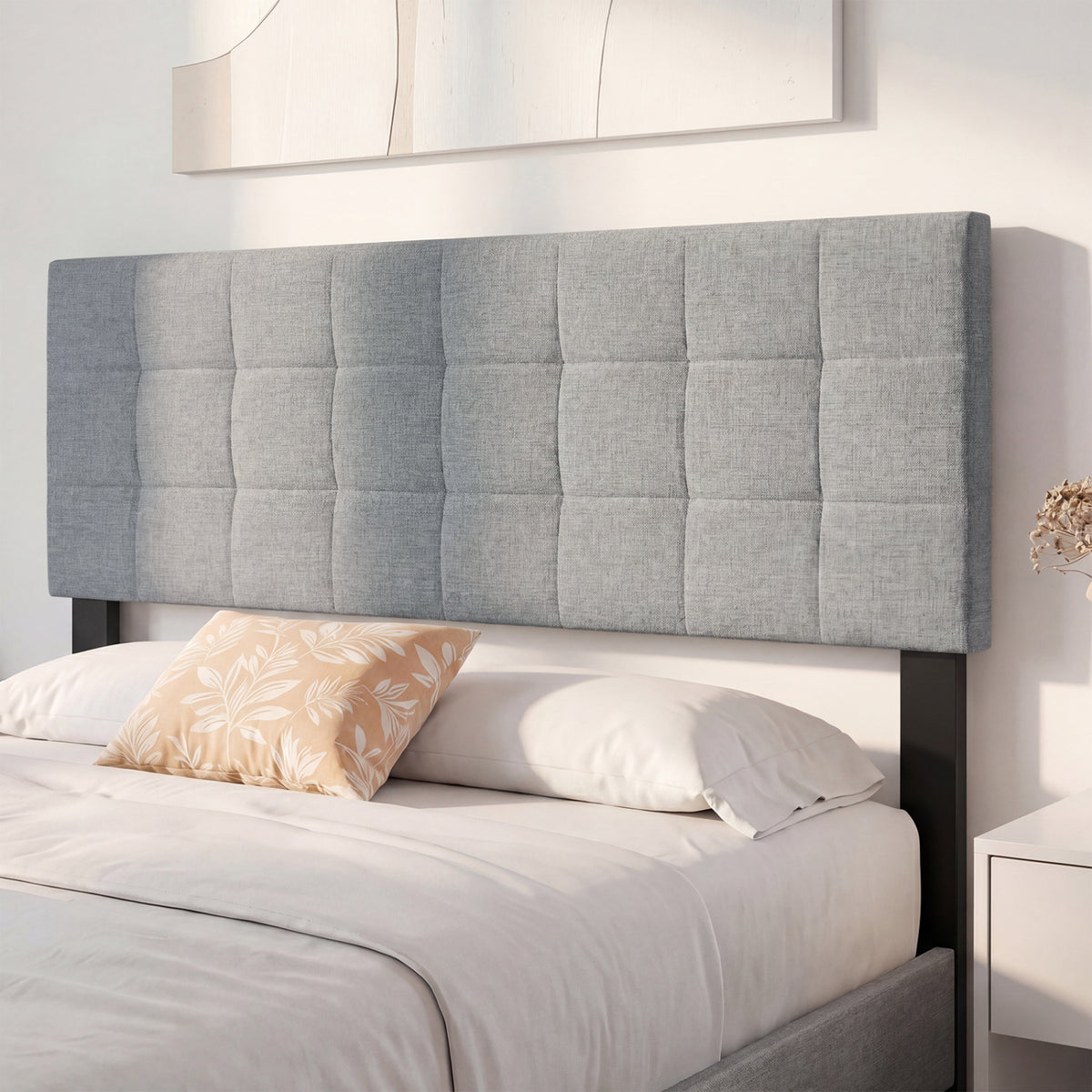 Upholstered Headboard Queen/Full Size Quilted Grid Linen Fabric Bed Frame Mount Panel
