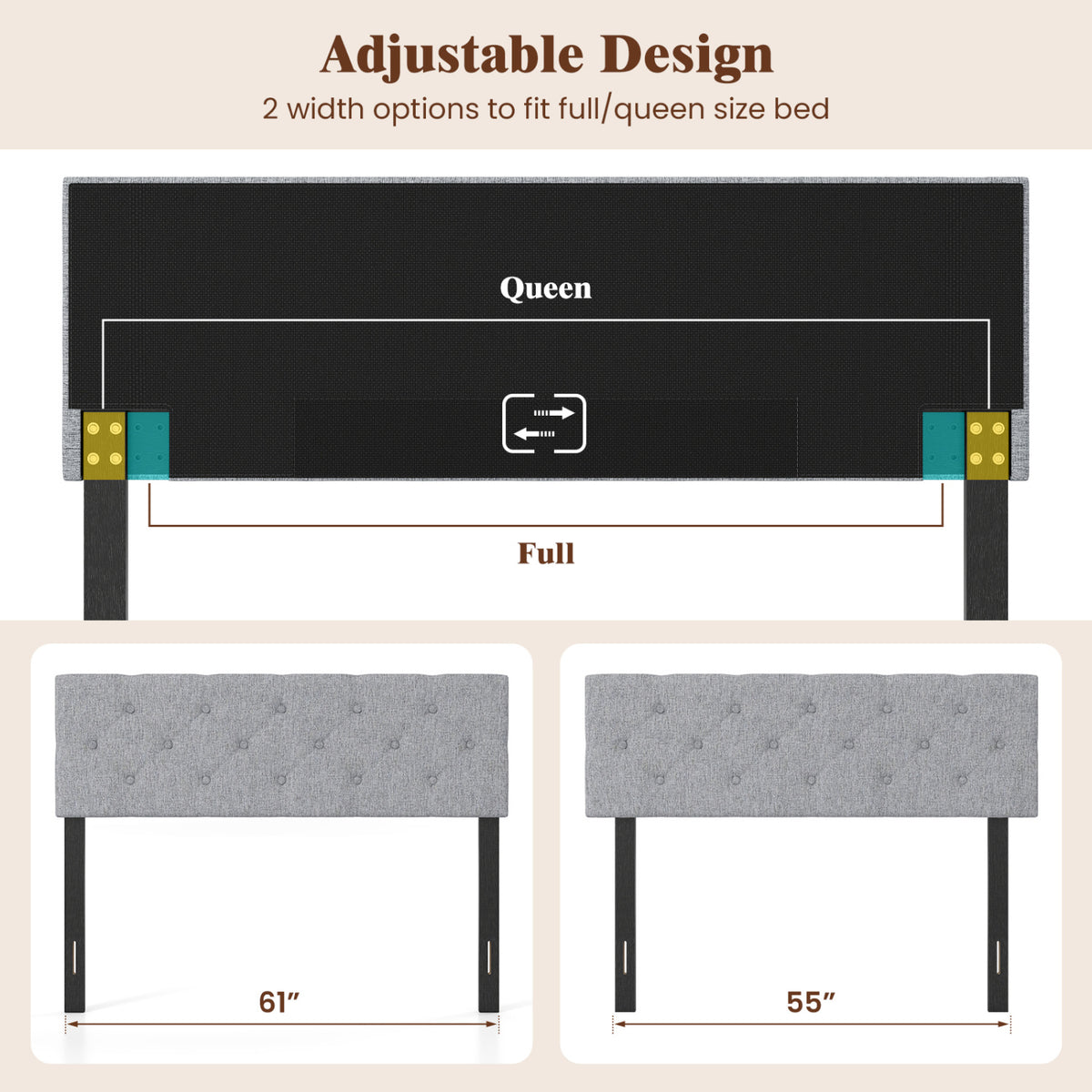 Upholstered Headboard Queen/Full Size Tufted Linen Fabric Bed Frame Mount Panel
