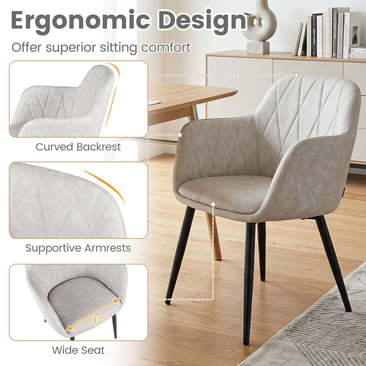 Upholstered PU Leather Kitchen Chairs Set of 2 with Curved Back and Wide Seat