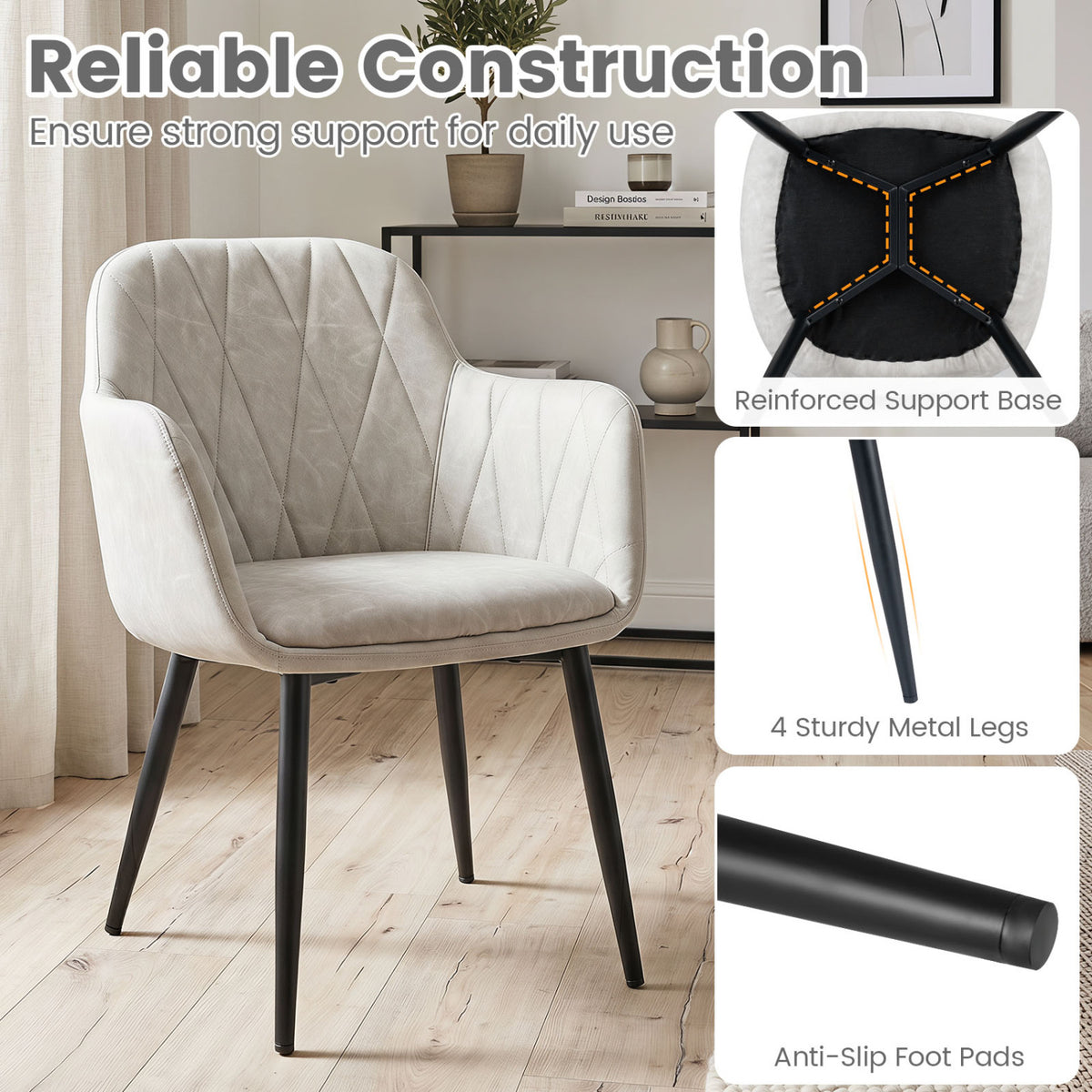 Upholstered PU Leather Kitchen Chairs Set of 2 with Curved Back and Wide Seat