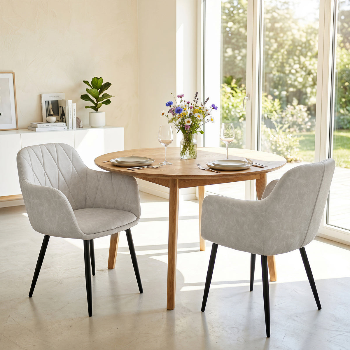Upholstered PU Leather Kitchen Chairs Set of 2 with Curved Back and Wide Seat