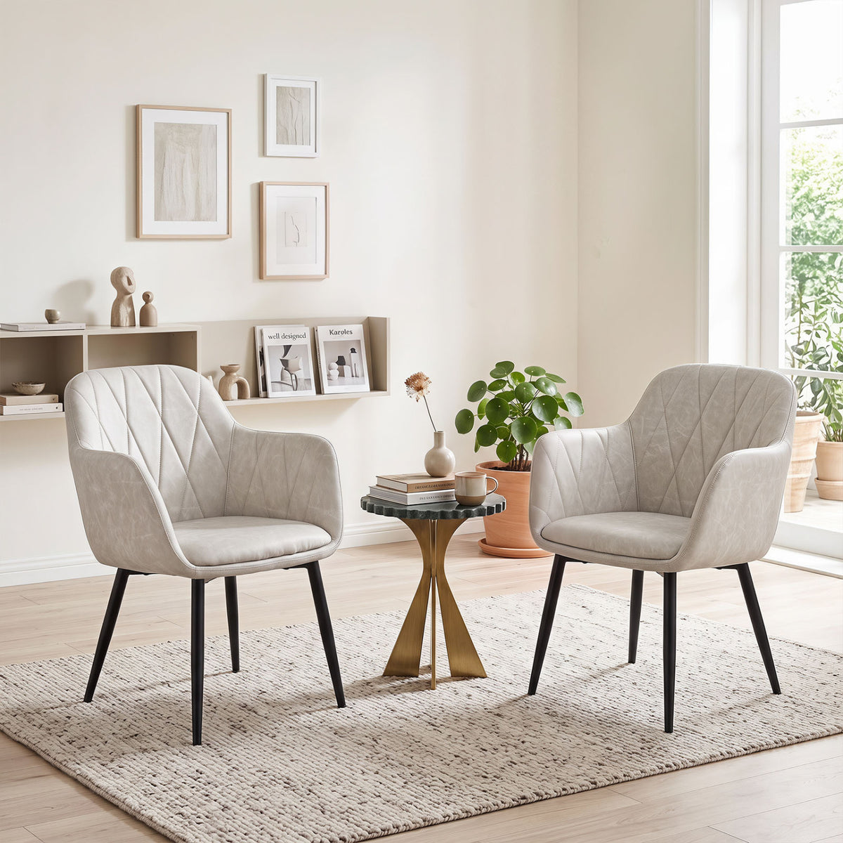 Upholstered PU Leather Kitchen Chairs Set of 2 with Curved Back and Wide Seat