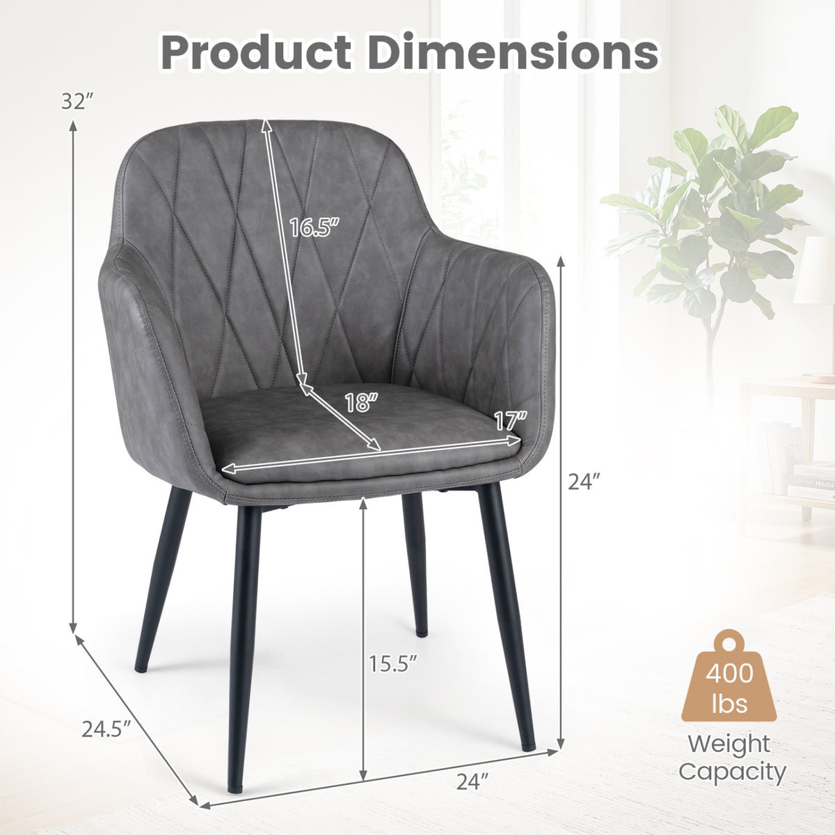 Upholstered PU Leather Kitchen Chairs Set of 2 with Curved Back and Wide Seat