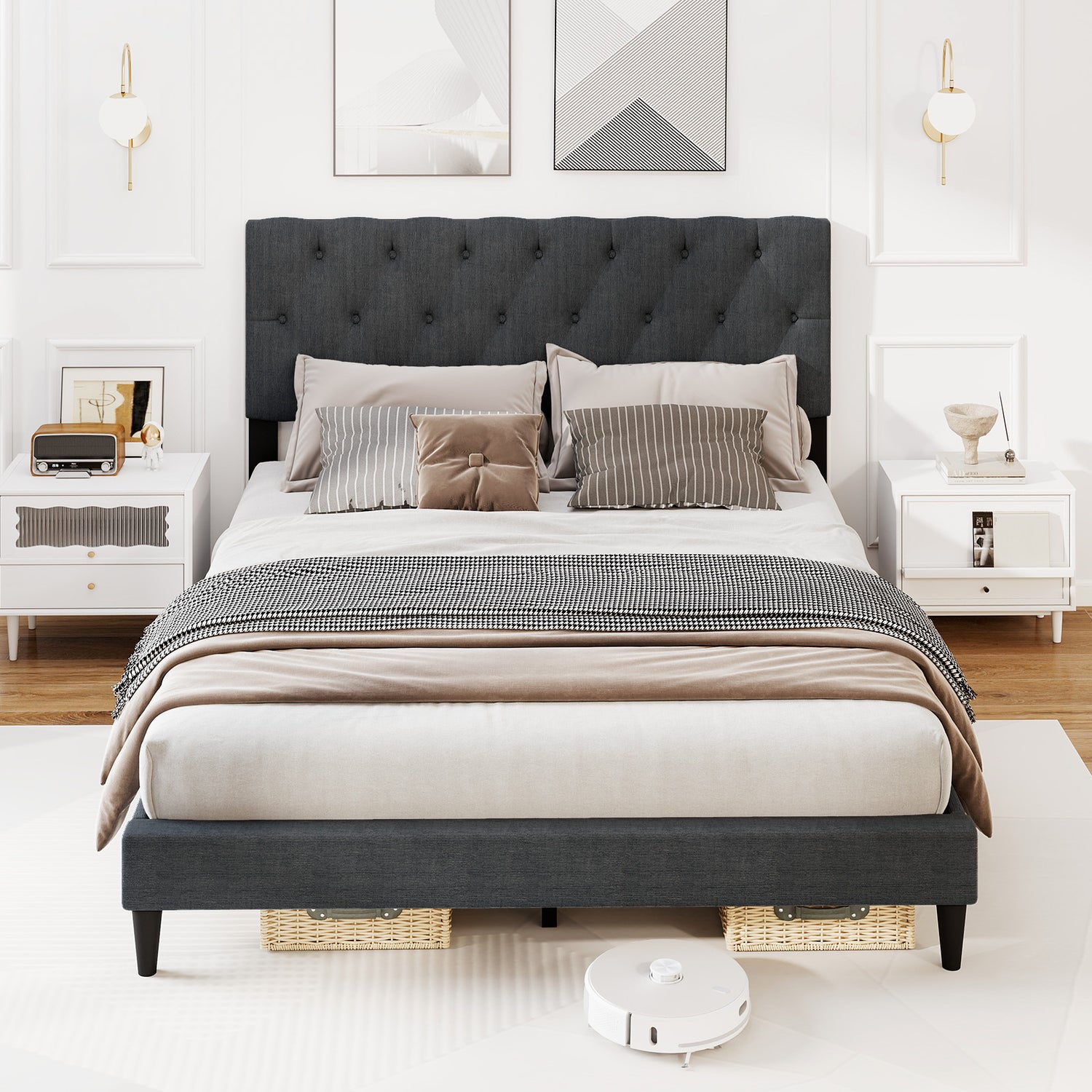 Upholstered Platform Bed with Tufted Headboard and Wooden Slats Gray