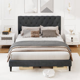 Upholstered Platform Bed with Tufted Headboard and Wooden Slats Gray