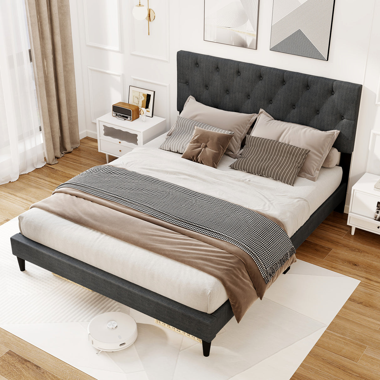 Upholstered Platform Bed with Tufted Headboard and Wooden Slats Gray
