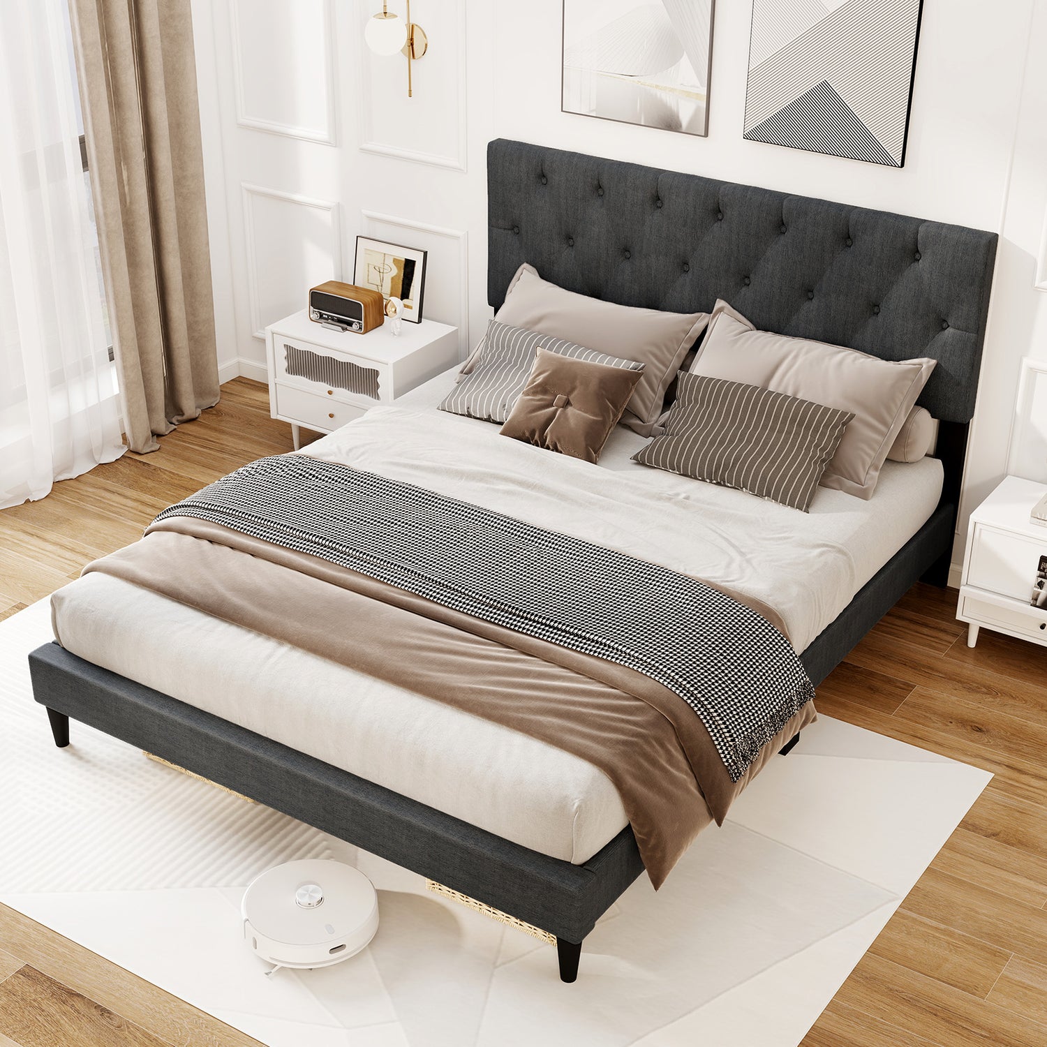 Upholstered Platform Bed with Tufted Headboard and Wooden Slats Gray