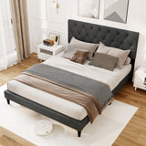 Upholstered Platform Bed with Tufted Headboard and Wooden Slats Gray