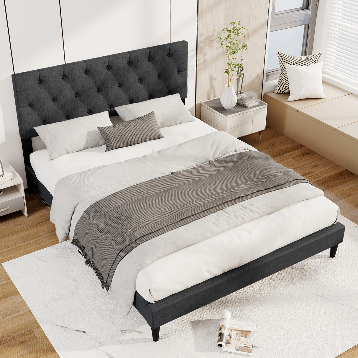 Upholstered Platform Bed with Tufted Headboard and Wooden Slats Gray