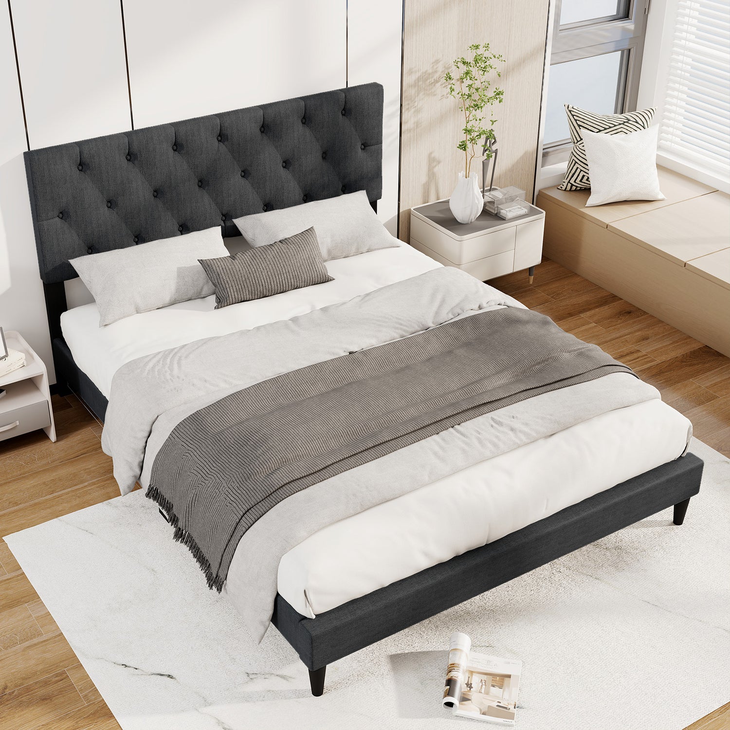 Upholstered Platform Bed with Tufted Headboard and Wooden Slats Gray