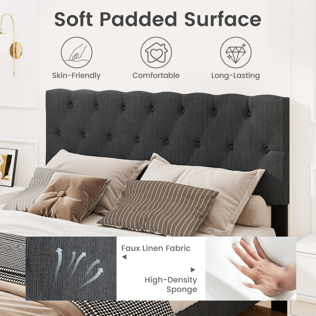Upholstered Platform Bed with Tufted Headboard and Wooden Slats Gray