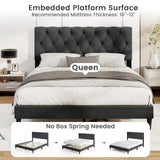 Upholstered Platform Bed with Tufted Headboard and Wooden Slats Gray