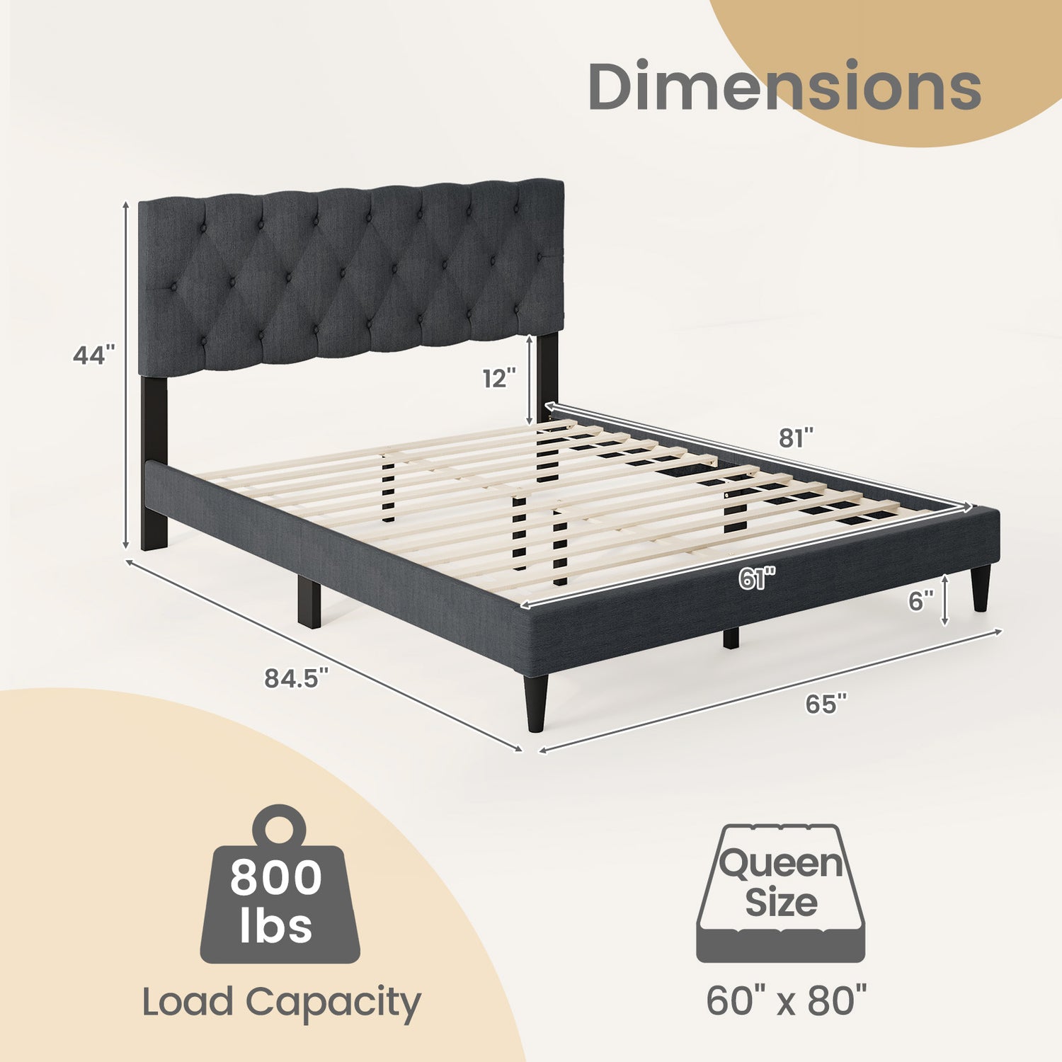 Upholstered Platform Bed with Tufted Headboard and Wooden Slats Gray