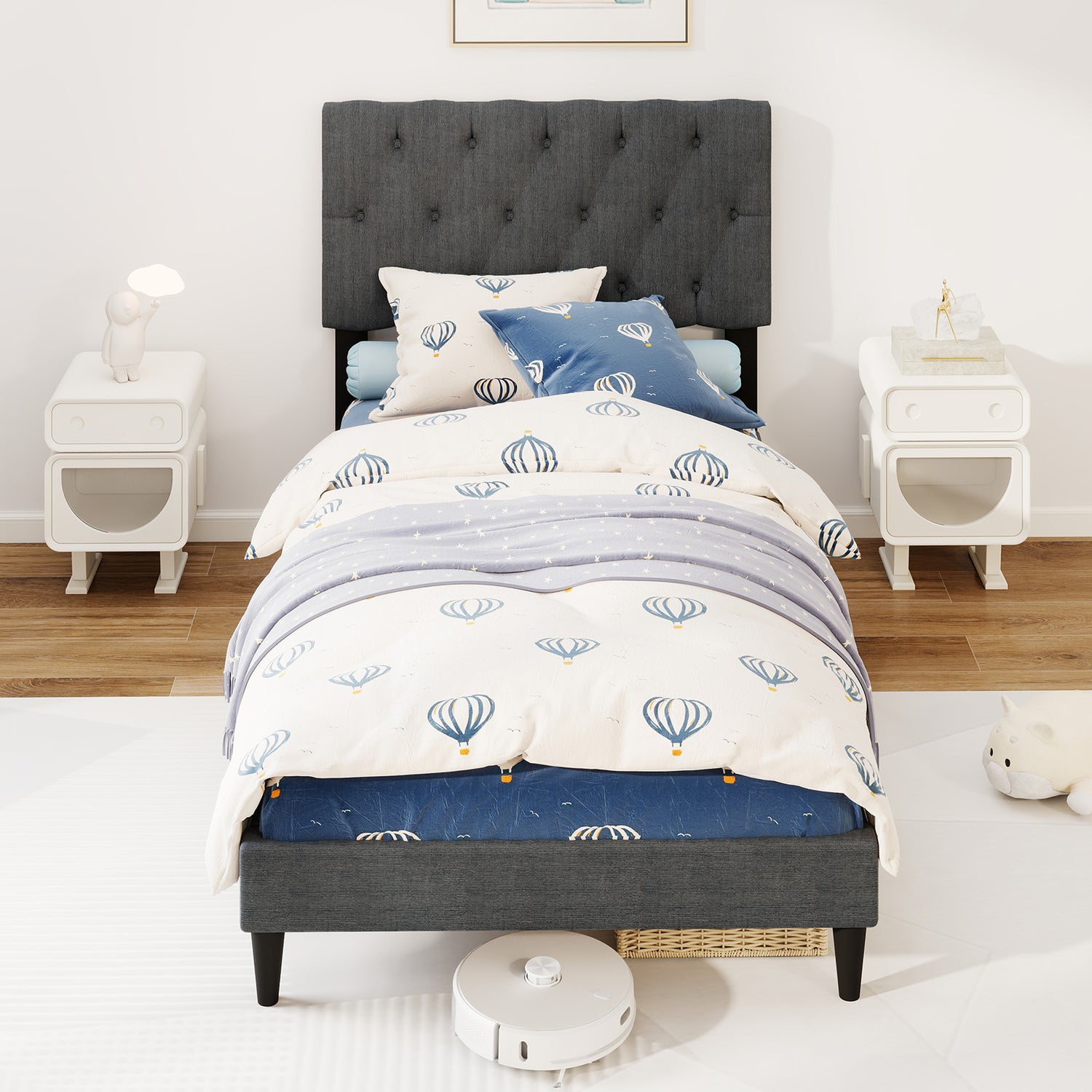 Upholstered Platform Bed with Tufted Headboard and Wooden Slats Gray
