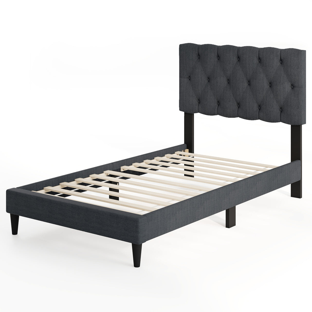 Upholstered Platform Bed with Tufted Headboard and Wooden Slats Gray