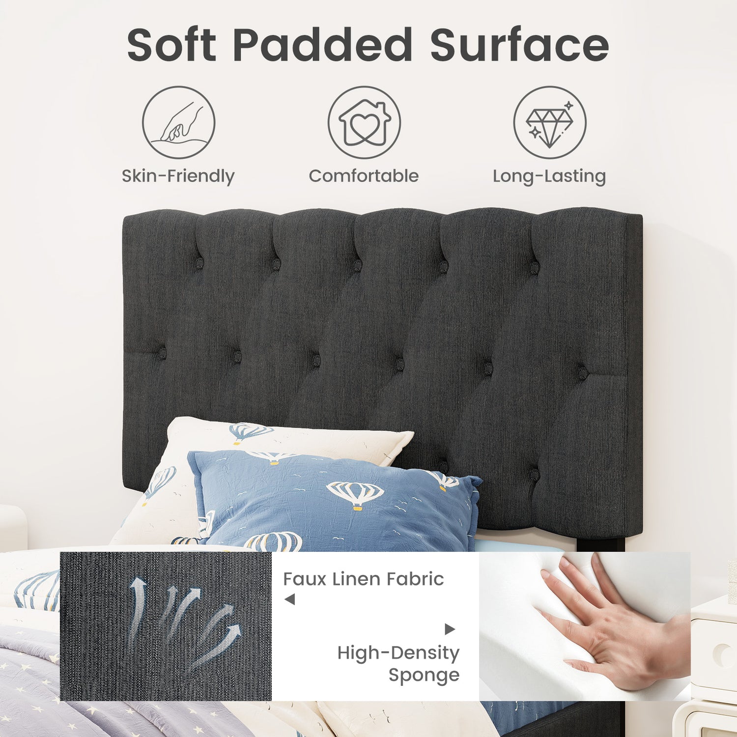 Upholstered Platform Bed with Tufted Headboard and Wooden Slats Gray