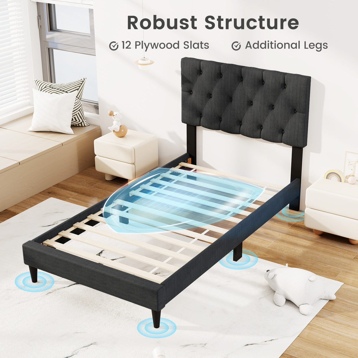 Upholstered Platform Bed with Tufted Headboard and Wooden Slats Gray