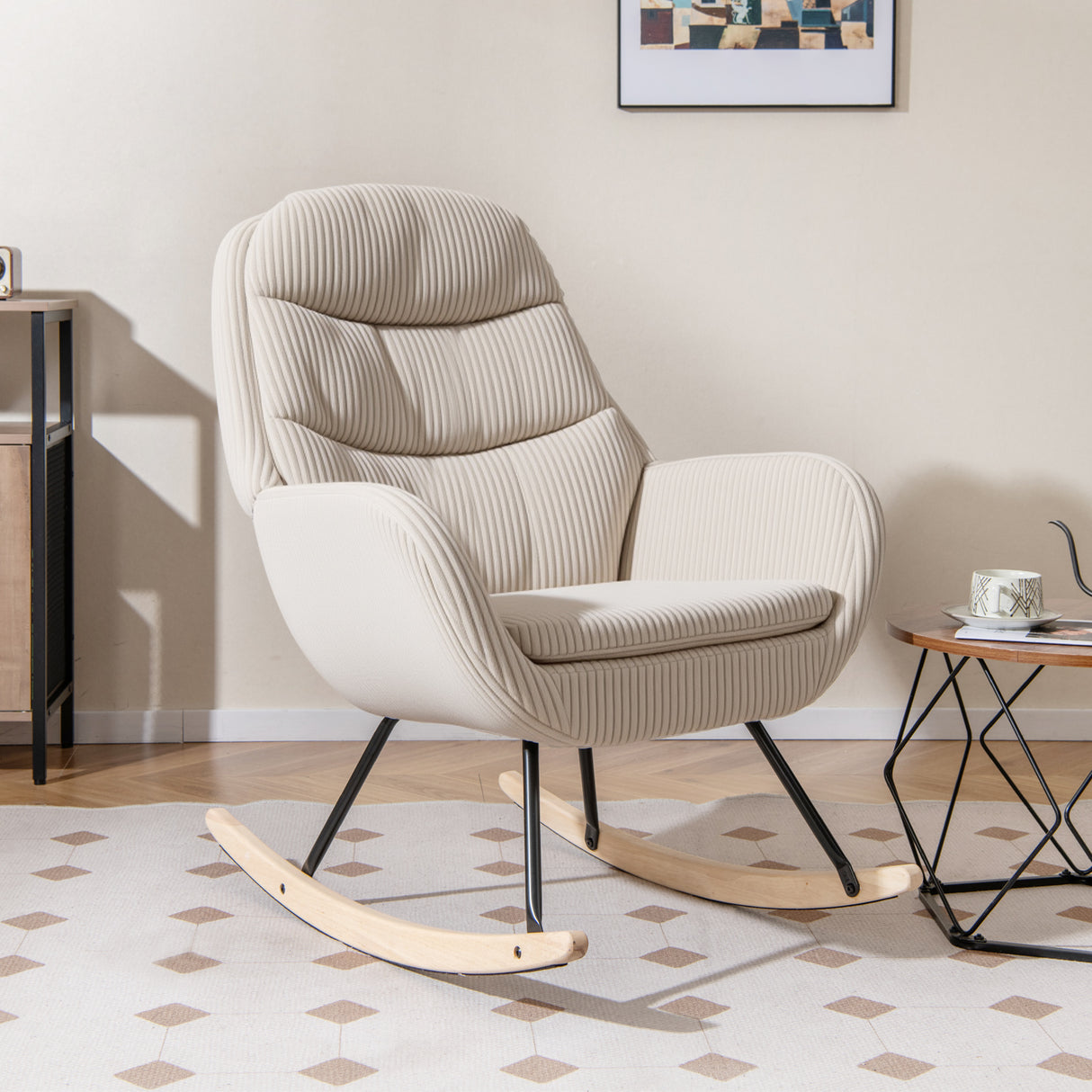 Upholstered Rocking Chair Nursery Glider Rocker with Padded Backrest and Seat-Beige