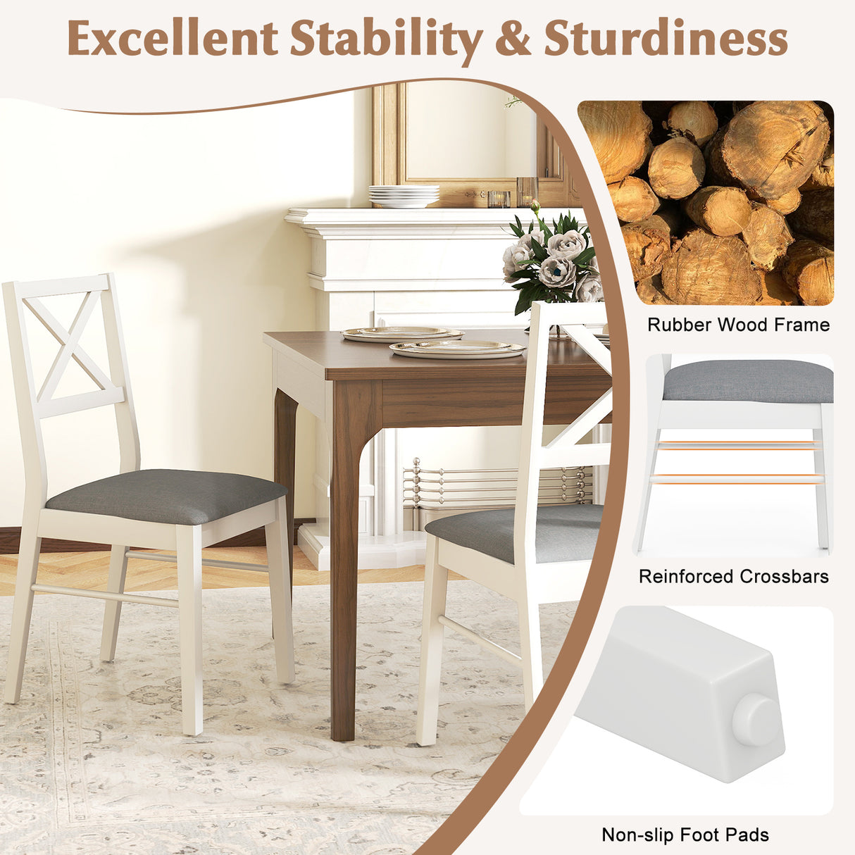 Upholstered Side Dining Chairs Set of 2 with Rubber Wood Frame