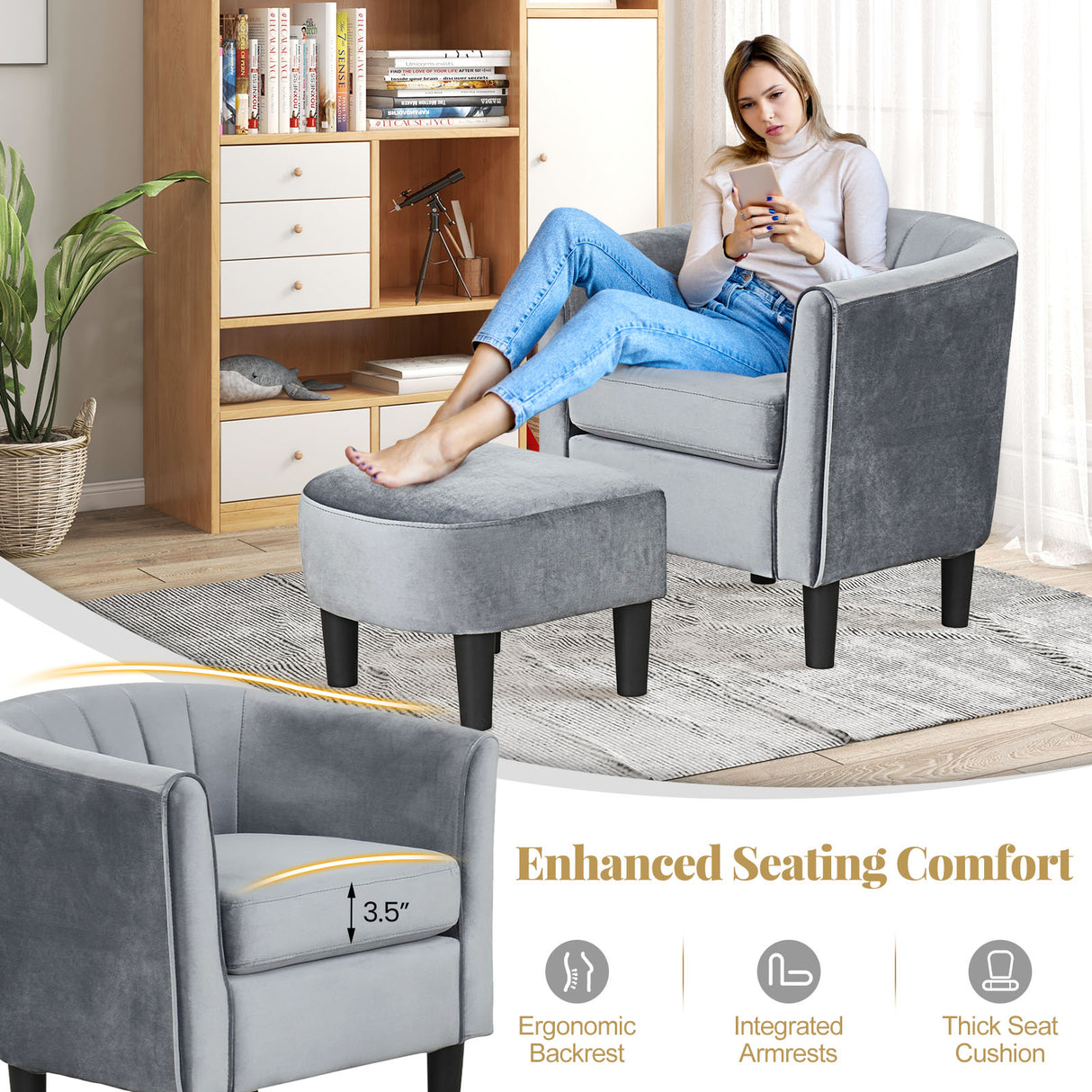 Upholstered Teddy Velvet Club Barrel Chair with Ottoman with Footrest