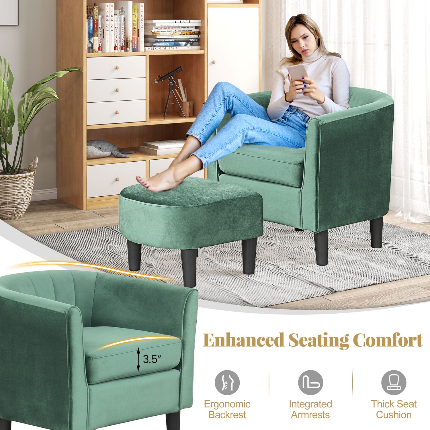 Upholstered Teddy Velvet Club Barrel Chair with Ottoman with Footrest