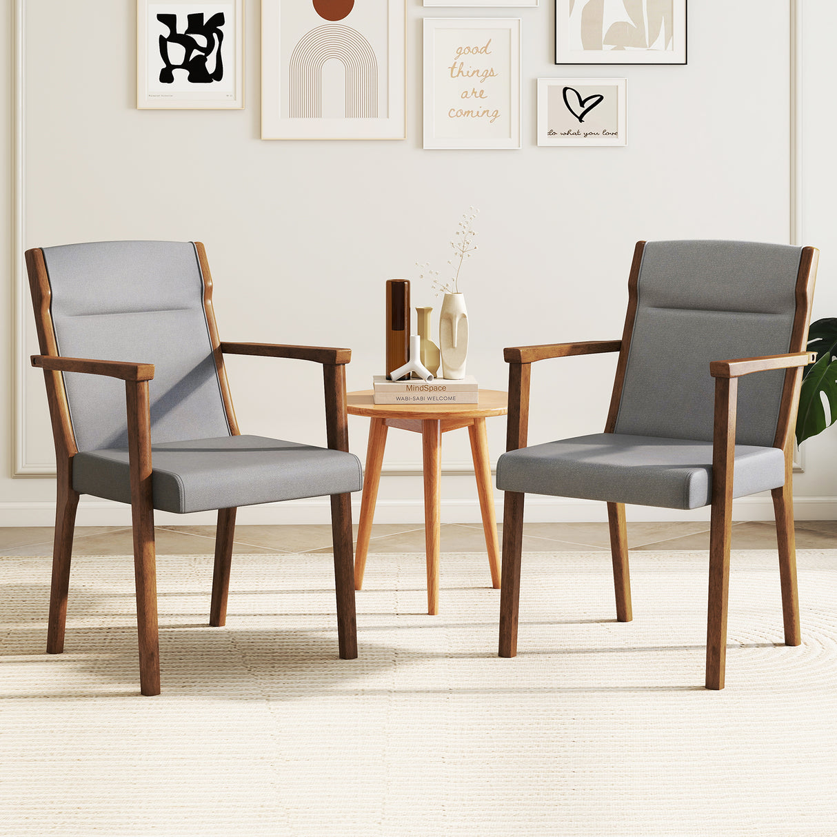 Upholstered Wooden Accent Chairs Set of 2 with High Back and Soft Cushion-Gray